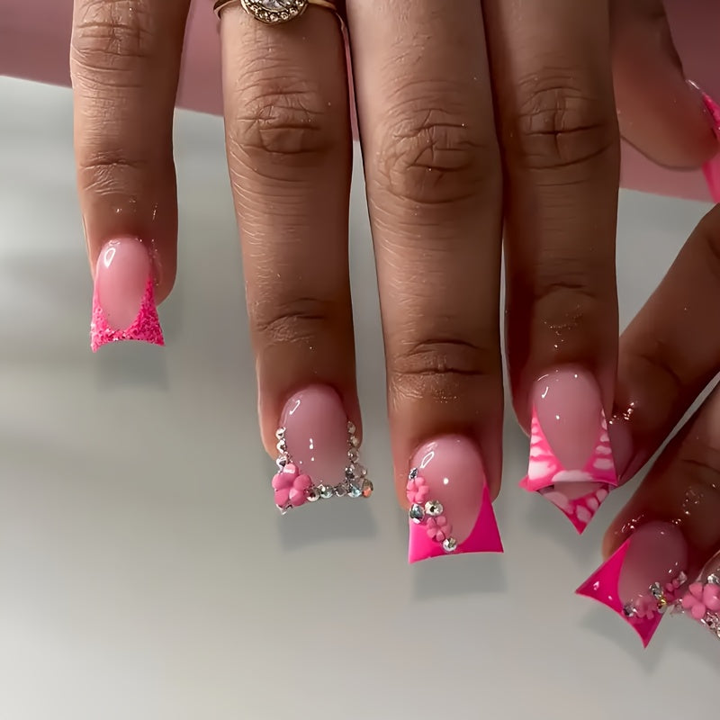 Free 4pcs of jelly glue and 4pcs of nail file in 4 boxes, 96pcs of European and American press-on wear nails, gorgeous sweet cool French sparkling diamond flowers, stripes, three-dimensional cherry, wave, clashing color, squa